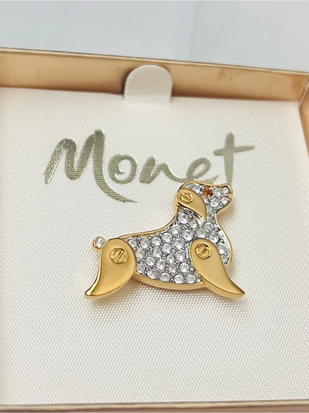 Monet Gold and Clear Crystal Dog Brooch